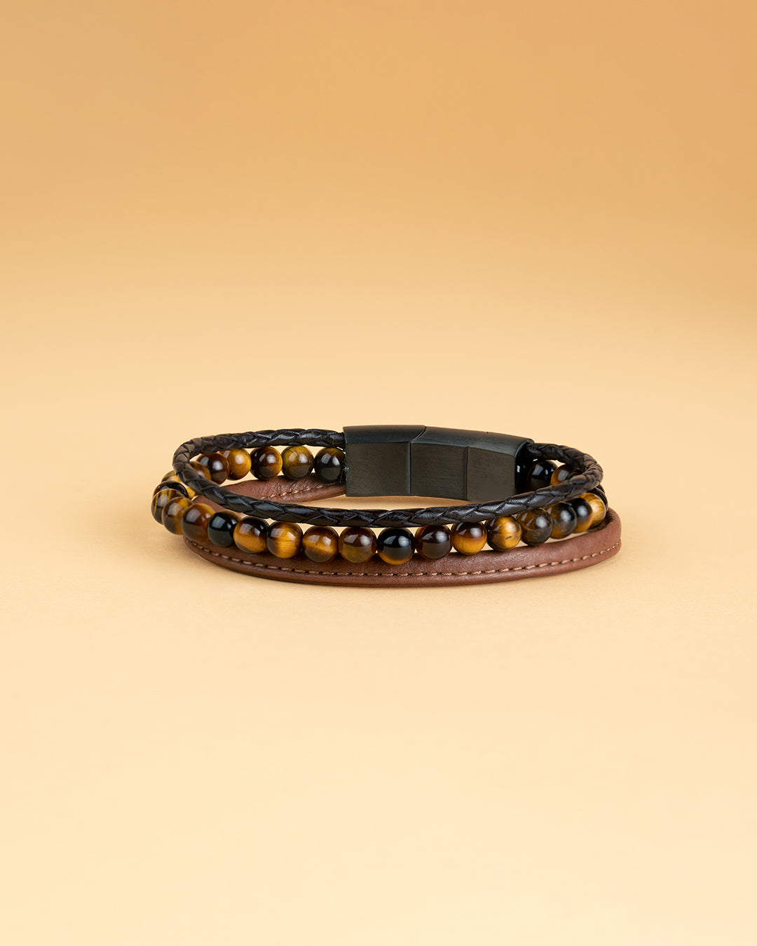 GEMENI TRIPLE BRUIN ARMBAND NAPPA LEDER MET TIJGEROOG STEEN