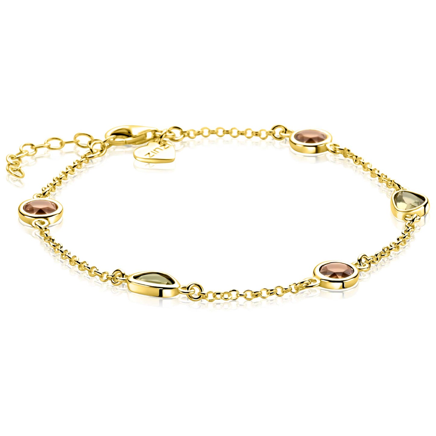 ZINZI gold plated zilveren fantasie armband met ronde vormen bruin en olijfgroen