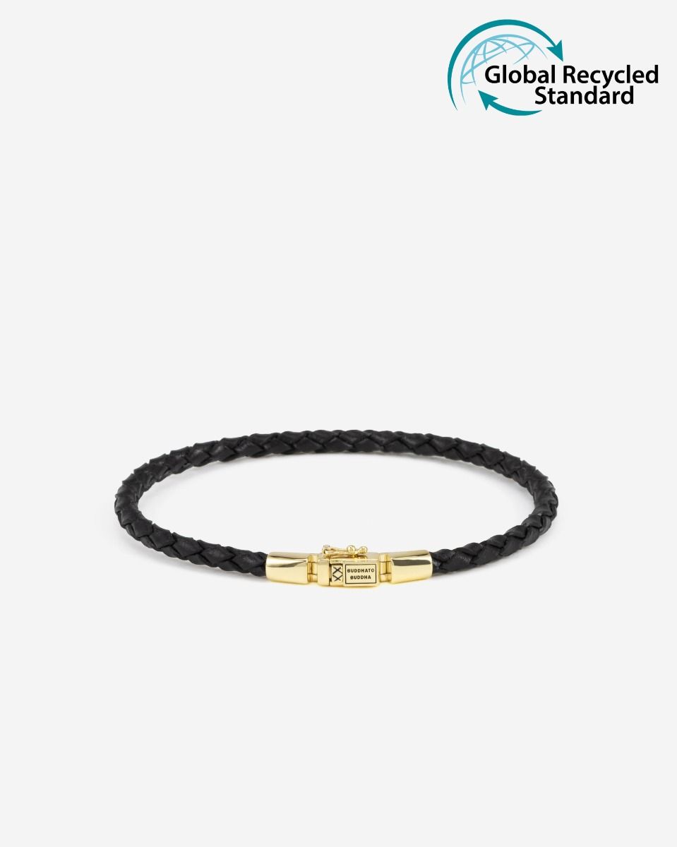 BUDDHA TO BUDDHA GEORGE MINI LEREN ARMBAND ZWART VERGULD ZILVER