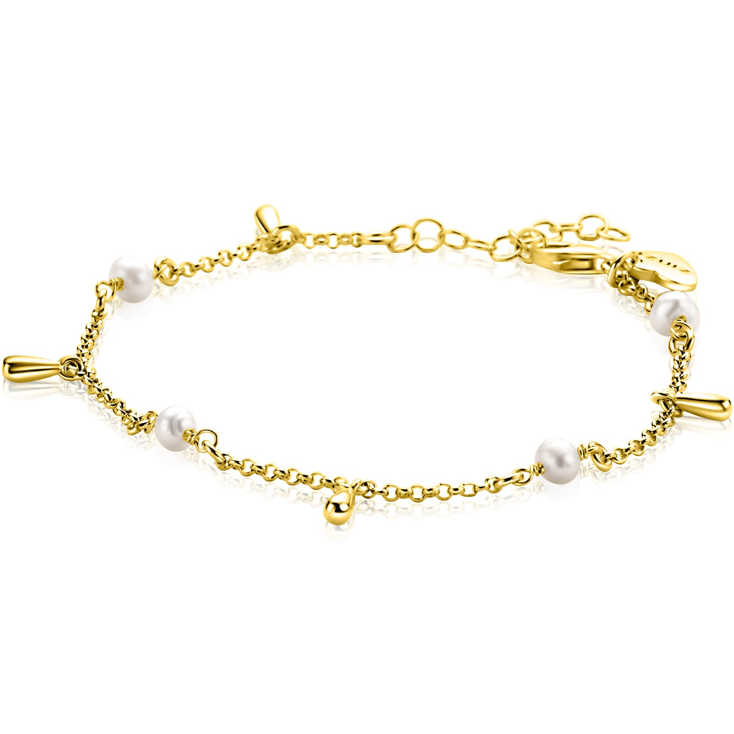 ZINZI gold plated zilveren armband met witte zoetwaterparels en druppeltjes