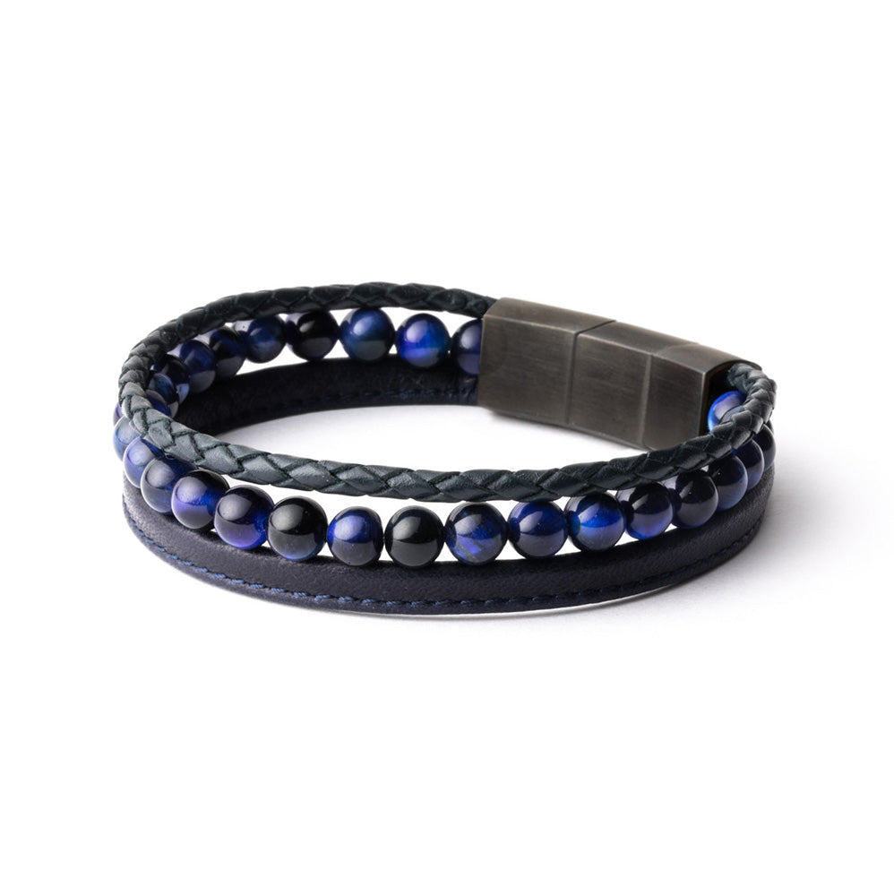 GEMENI TRIPLE BLAUW ARMBAND NAPPA LEDER MET TIJGEROOG STEEN