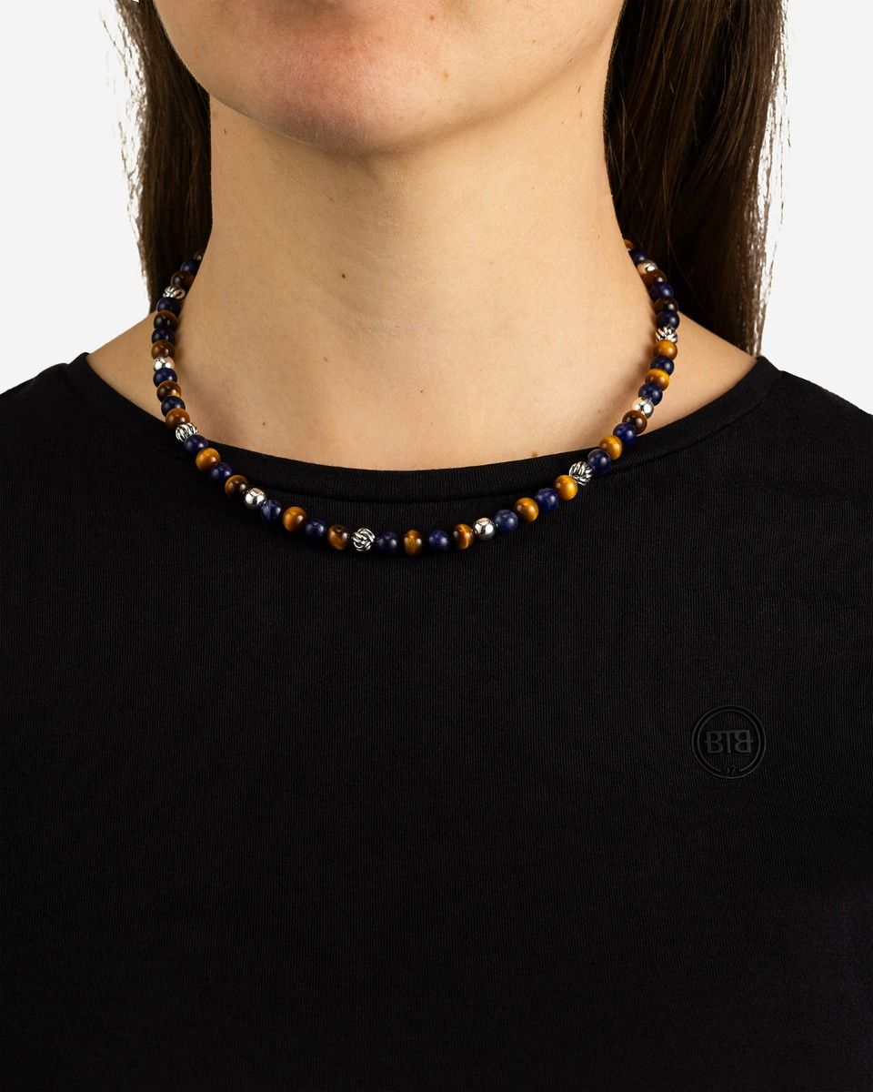 BUDDHA TO BUDDHA SPIRIT BEAD MINI KETTING MIX SODALIET TIJGEROOG ZILVER 43-45 CM