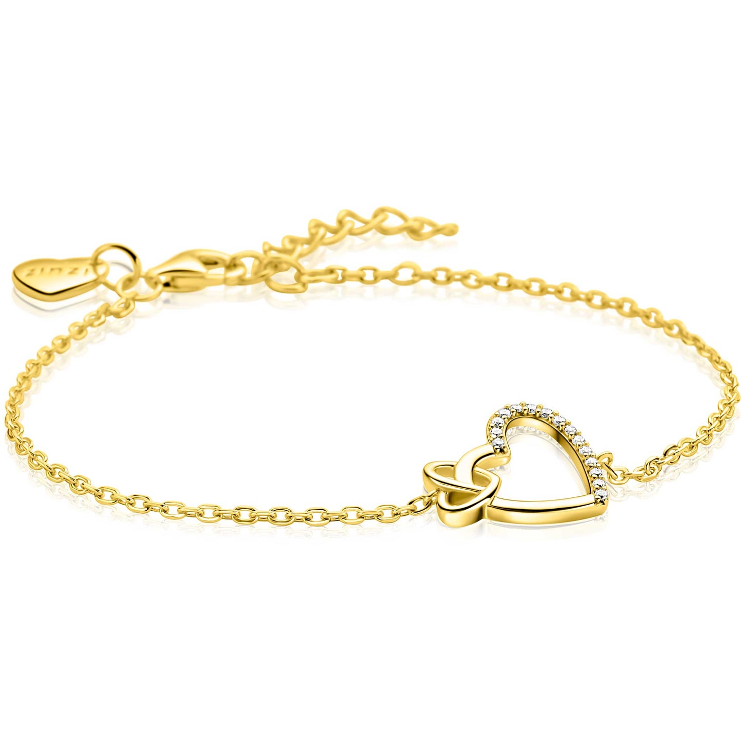 ZINZI gold plated zilveren armband met twee sierlijke harten die met elkaar verbonden zijn, ook bezet met witte zirkonia's 17-20cm