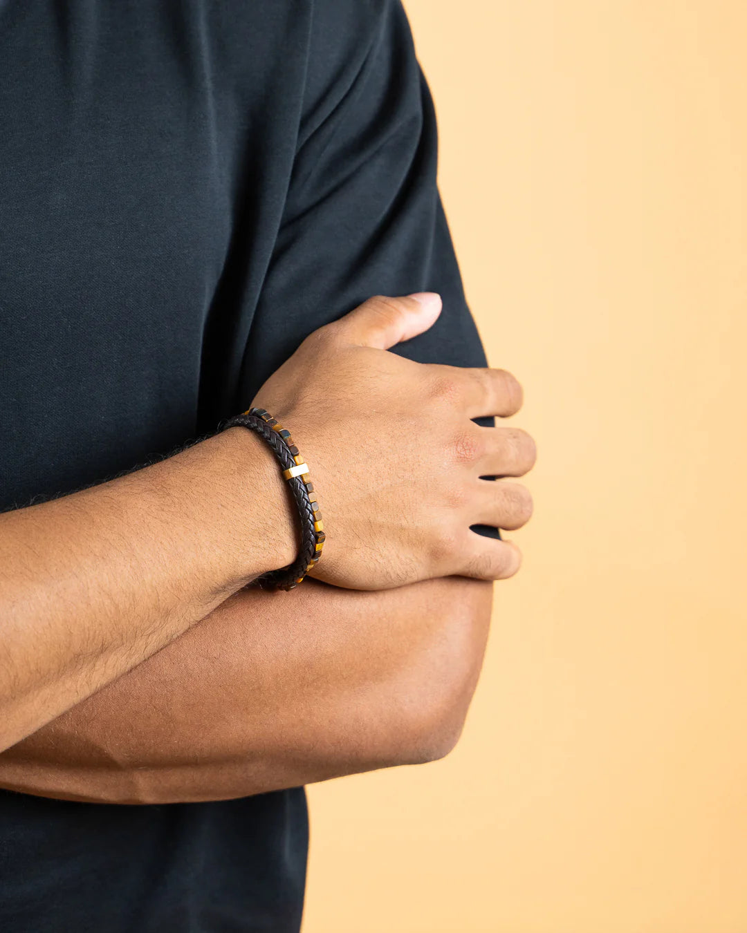 GEMINi DUBBELEN ARMBAND MET NAPA LEDER EN BRUINE TIJGEROOG