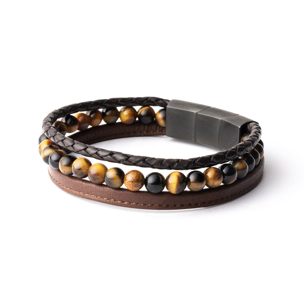 GEMENI TRIPLE BRUIN ARMBAND NAPPA LEDER MET TIJGEROOG STEEN