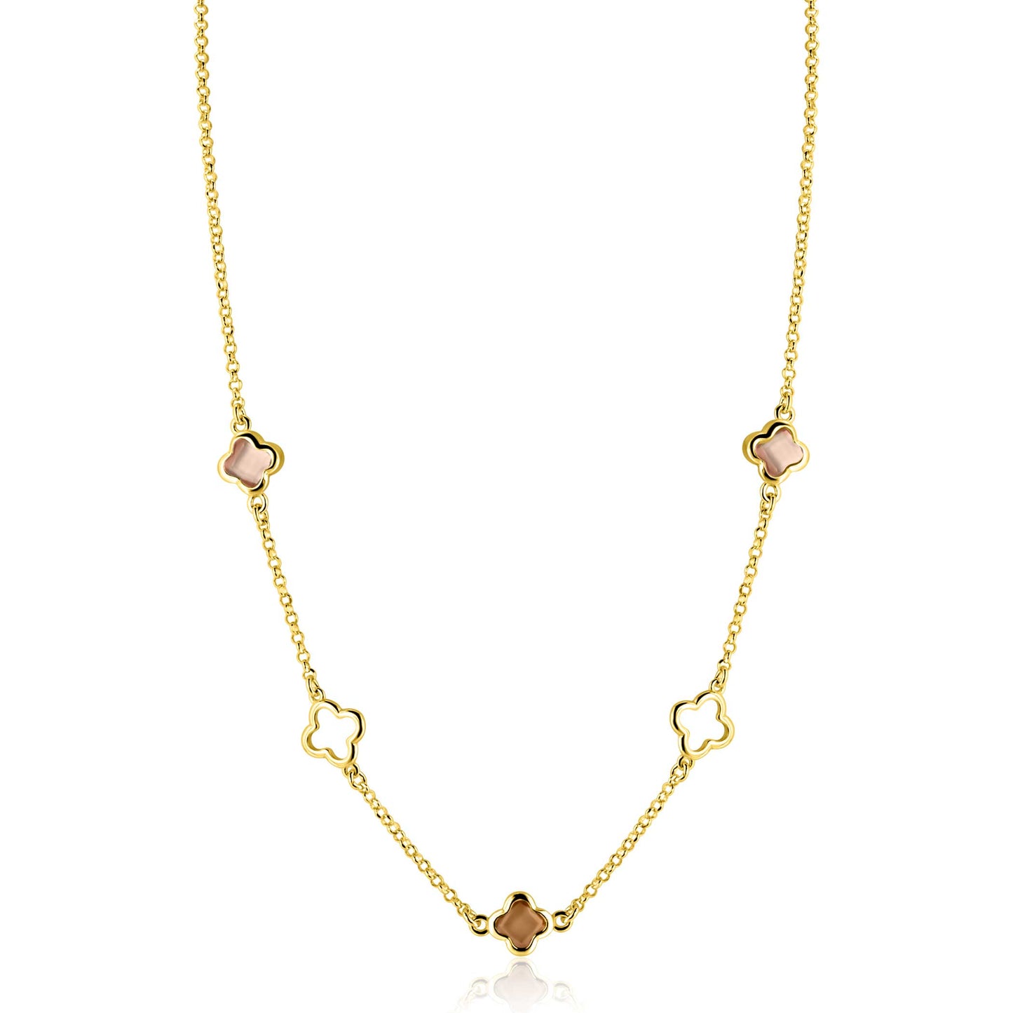 ZINZI gold plated zilveren collier 45cm met drie klavervormige zettingen met bruine kleurstenen