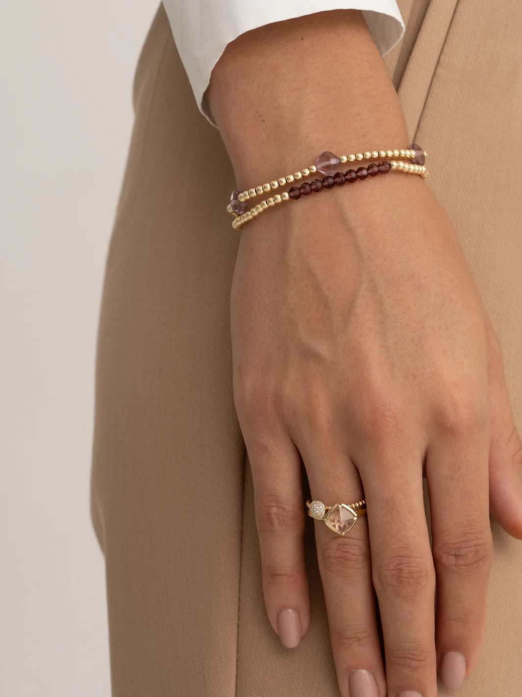SPARKLING Bracelet Gold Purple Pink Quartz Cushion Cut Beads