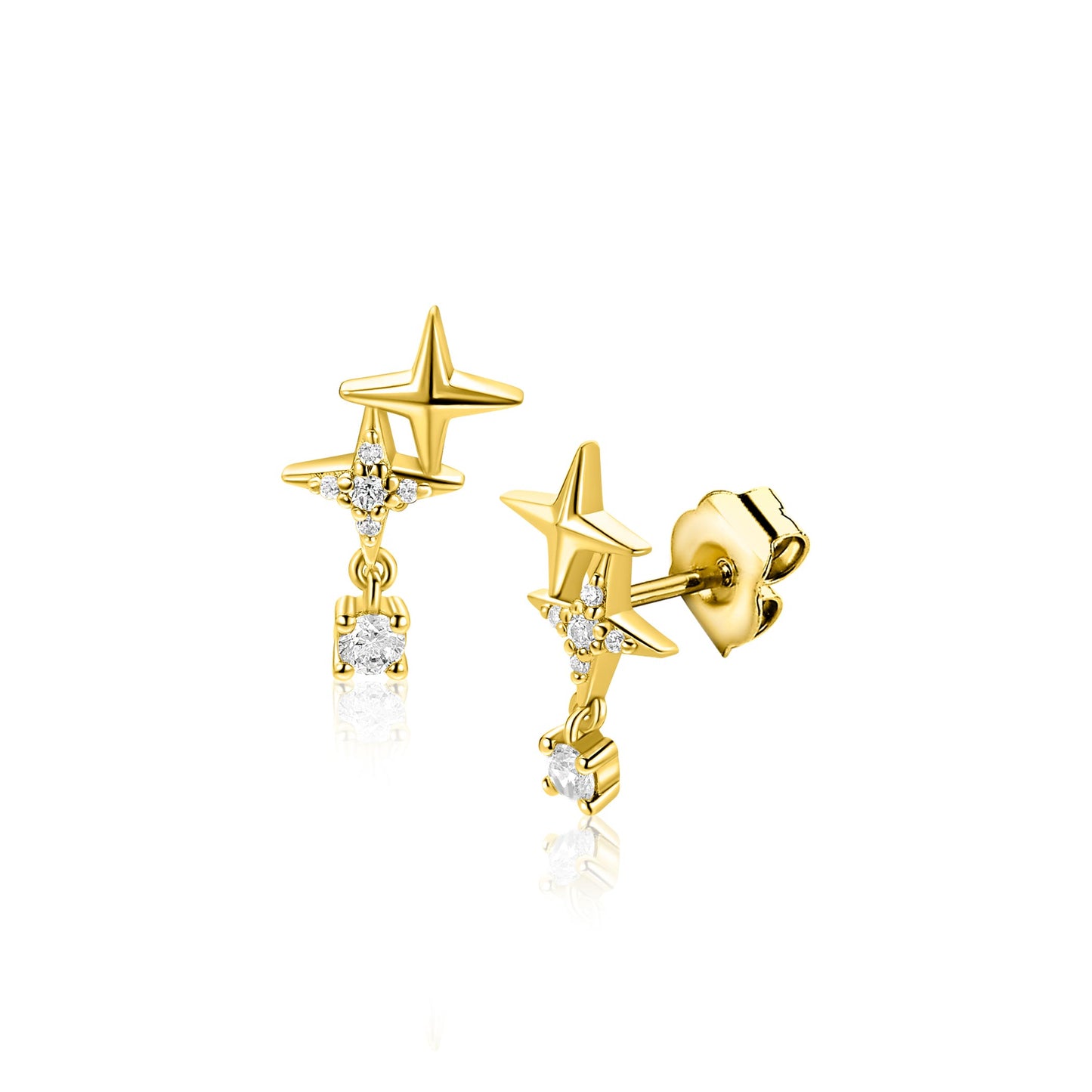 ZINZI goldplated zilveren oorstekers 'sterrendans' met twee speelse sterren en bungelende witte zirkonia