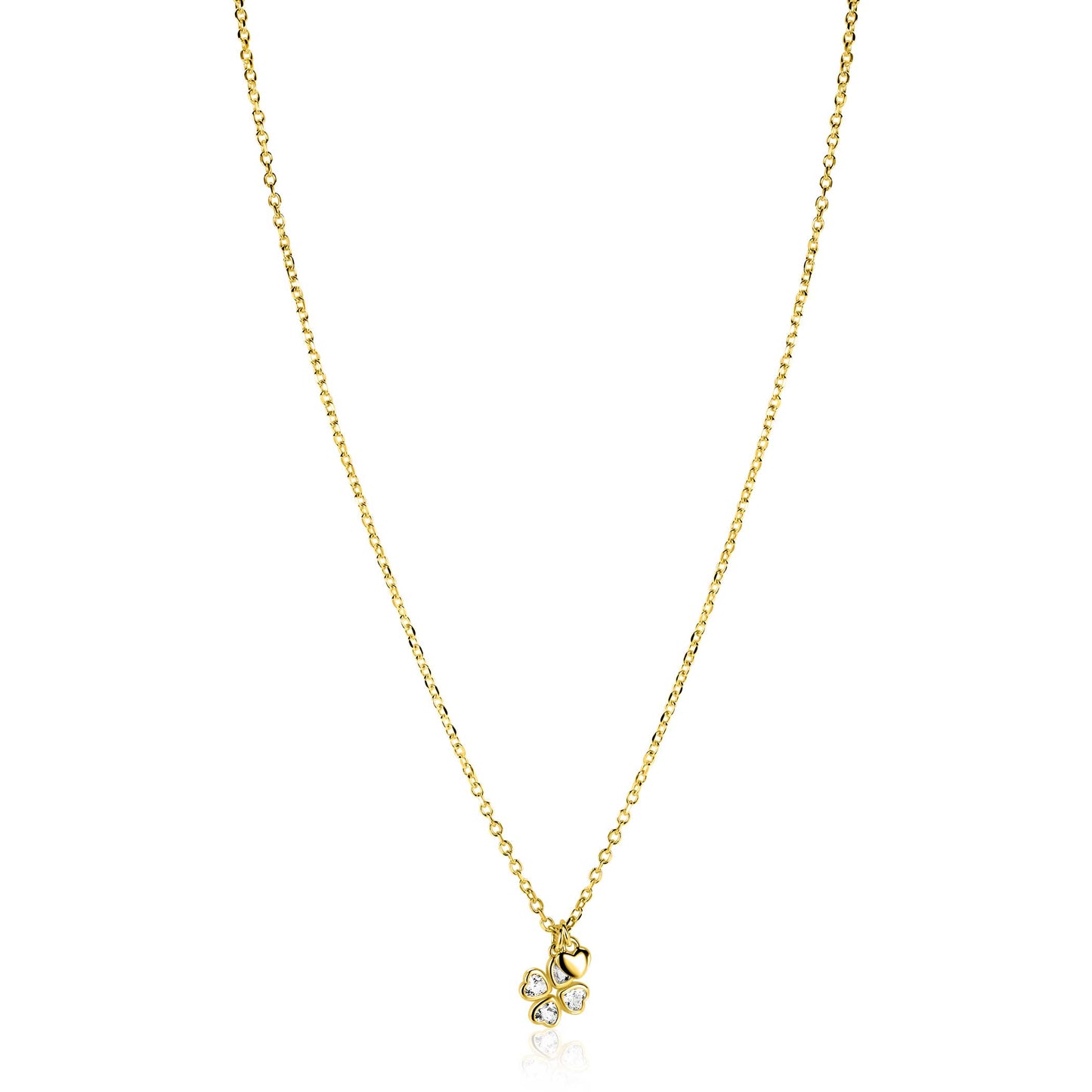 ZINZI goldplated zilveren ketting 45cm met klavertje vier en hartje hanger