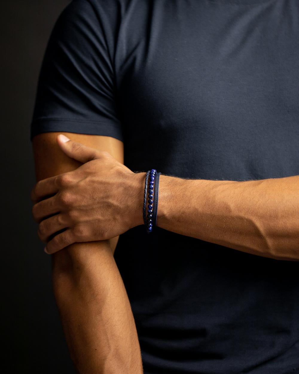GEMENI TRIPLE BLAUW ARMBAND NAPPA LEDER MET TIJGEROOG STEEN