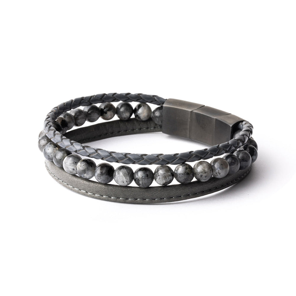 GEMENI TRIPLE GRIJS ARMBAND NAPPA LEDER MET LARVIKIET STEEN
