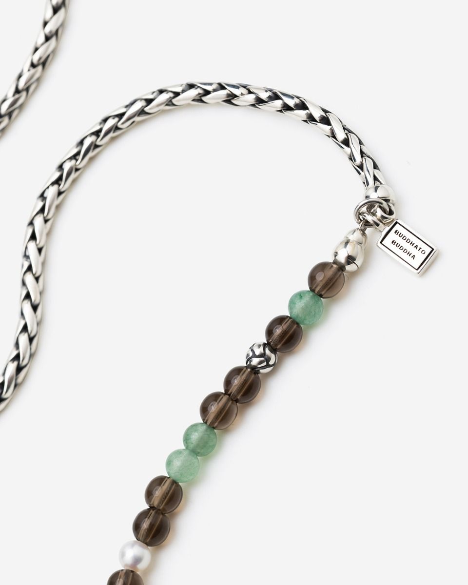 BUDDHA TO BUDDHA SPIRIT BEAD STACKING KETTING AVENTURINE SMOKEY QUARTZ ZILVER 45 CM