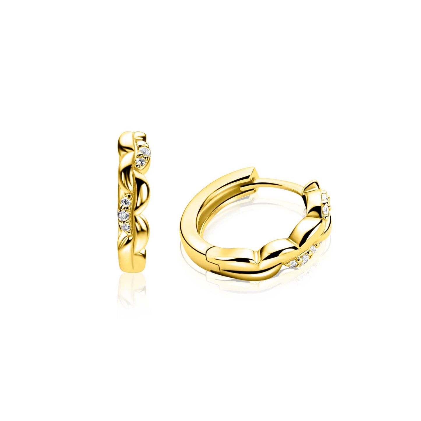 13mm ZINZI gold plated zilveren oorringen met een sierlijk golvend design, subtiel bezet met witte zirkonia’s, luxe klapsluiting