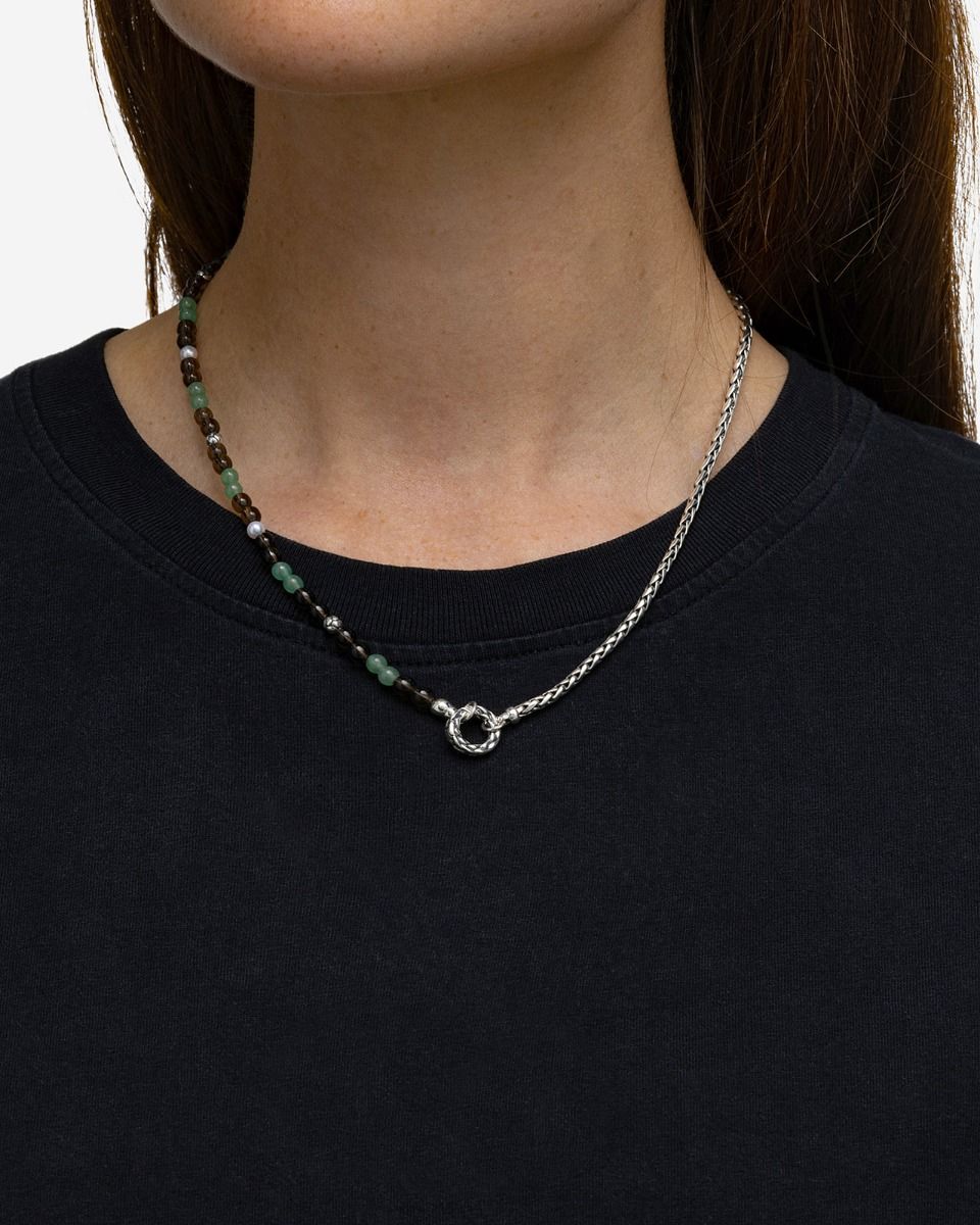 BUDDHA TO BUDDHA SPIRIT BEAD STACKING KETTING AVENTURINE SMOKEY QUARTZ ZILVER 45 CM
