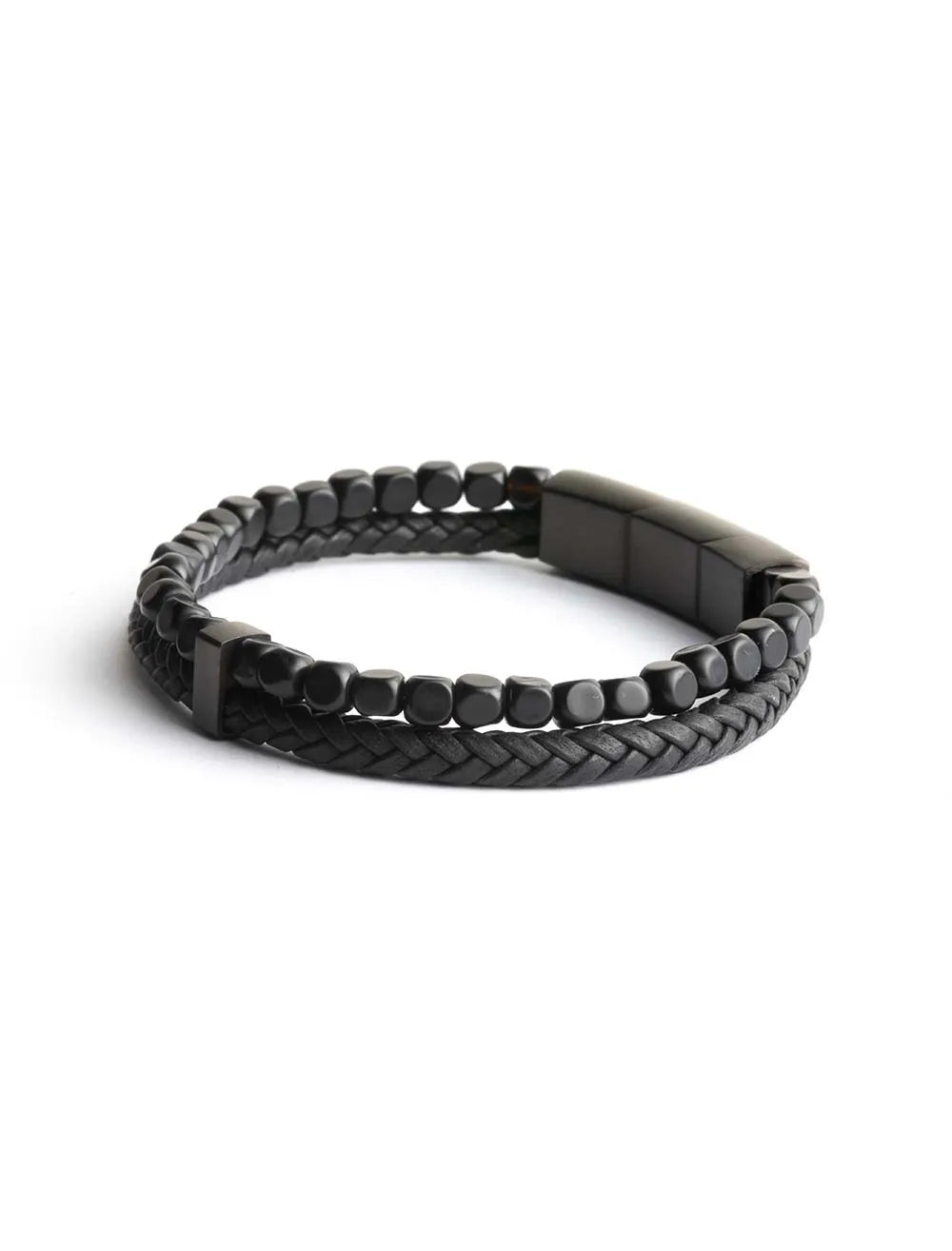 GEMINI Double Black bracelet with Italian leather and 4mm agate stones