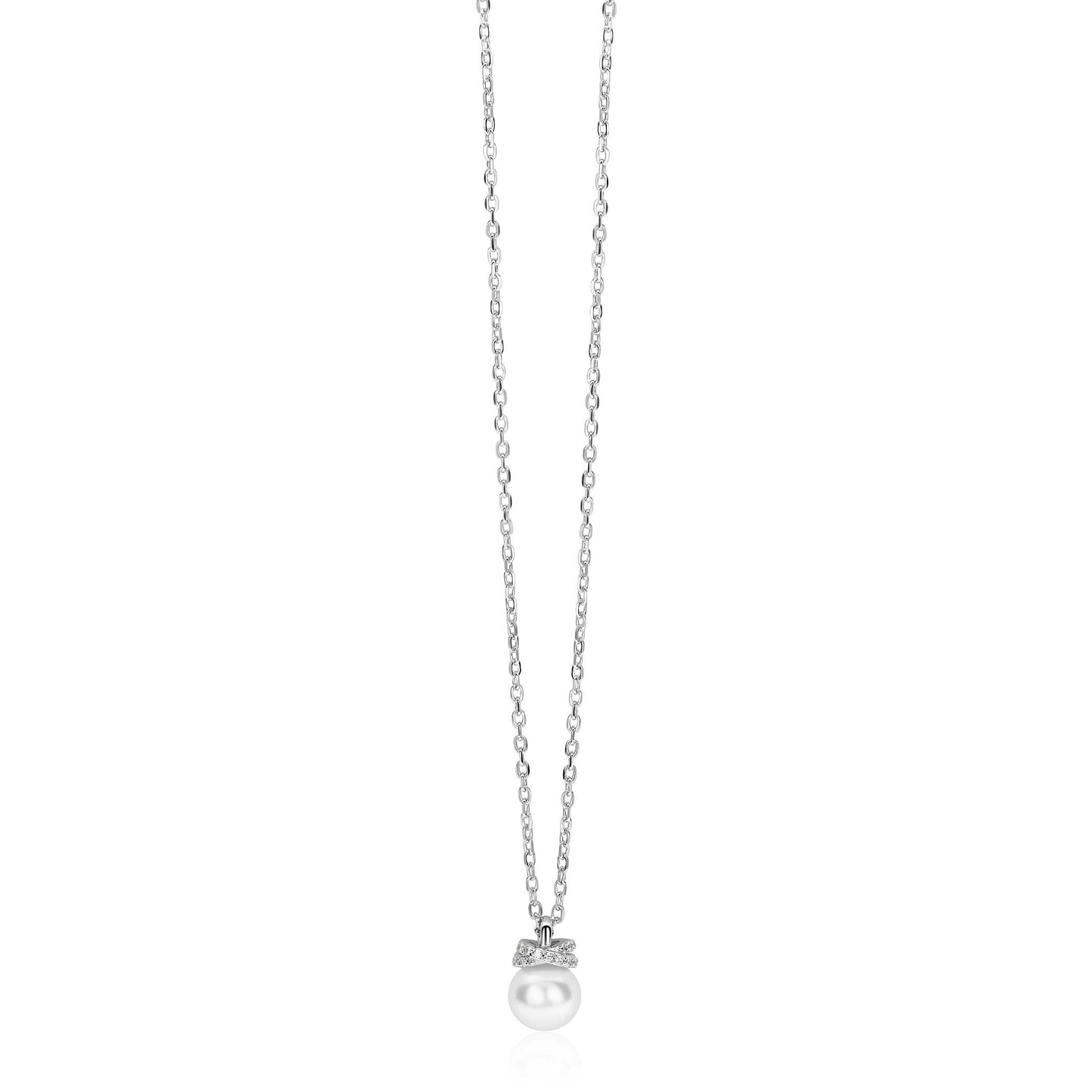 ZINZI zilveren ketting met een witte parelhanger (12mm) en een strikvormige zetting bezet met witte zirkonia’s 42-45cm
