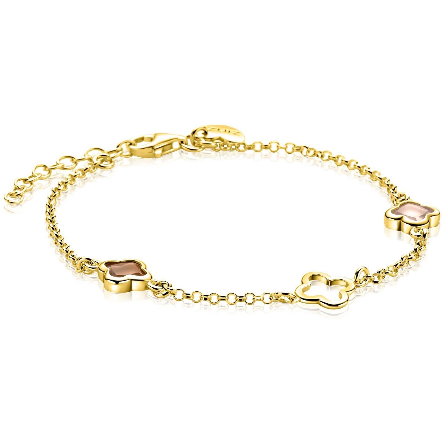 ZINZI gold plated zilveren armband met drie klavervormige zettingen met bruine kleurstenen