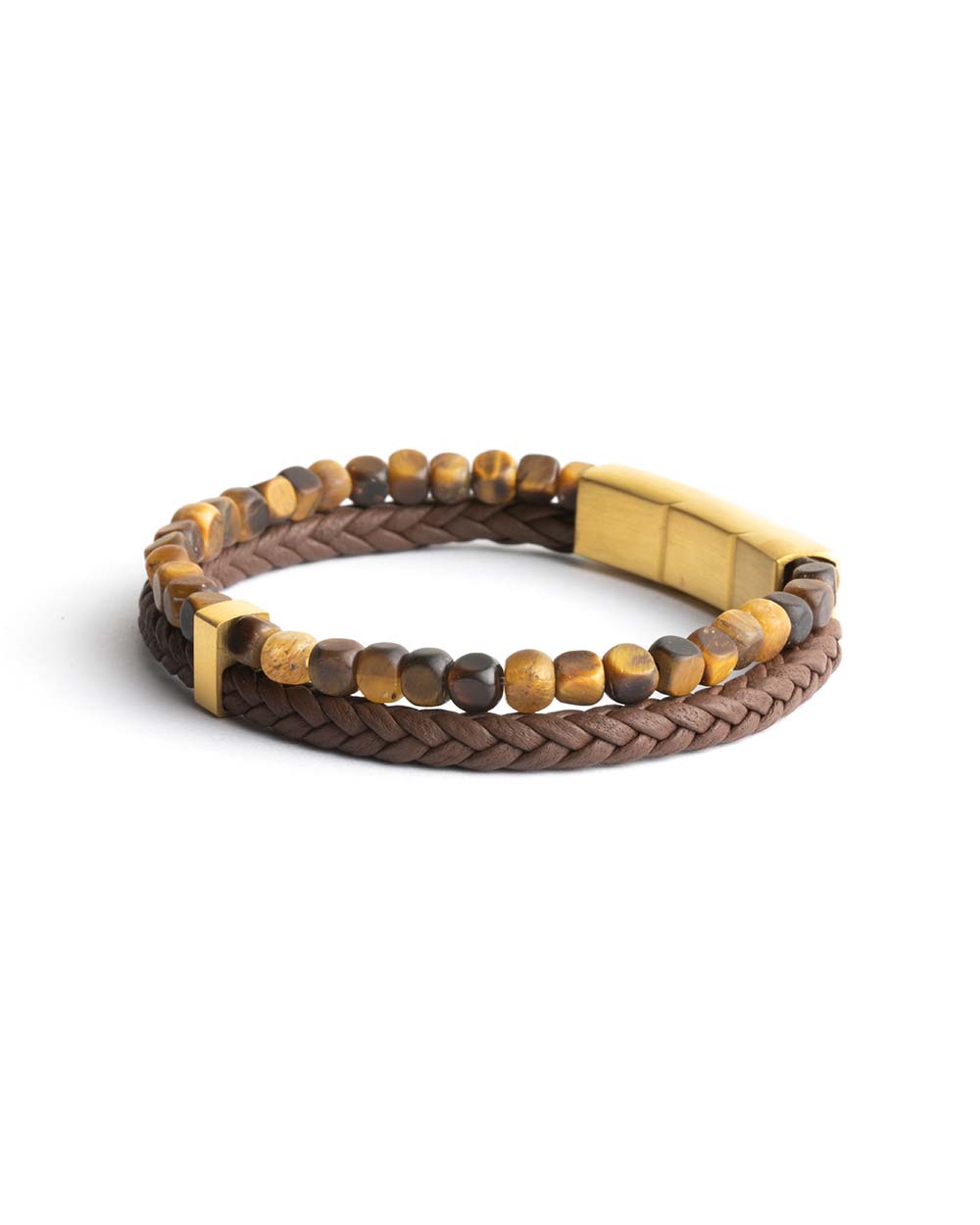 GEMINI Double Brown bracelet with Italian leather and 4mm Tiger Eye stone