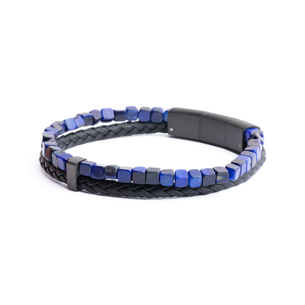 GEMINI Double bracelet with black Italian leather and blue Tiger Eye stone