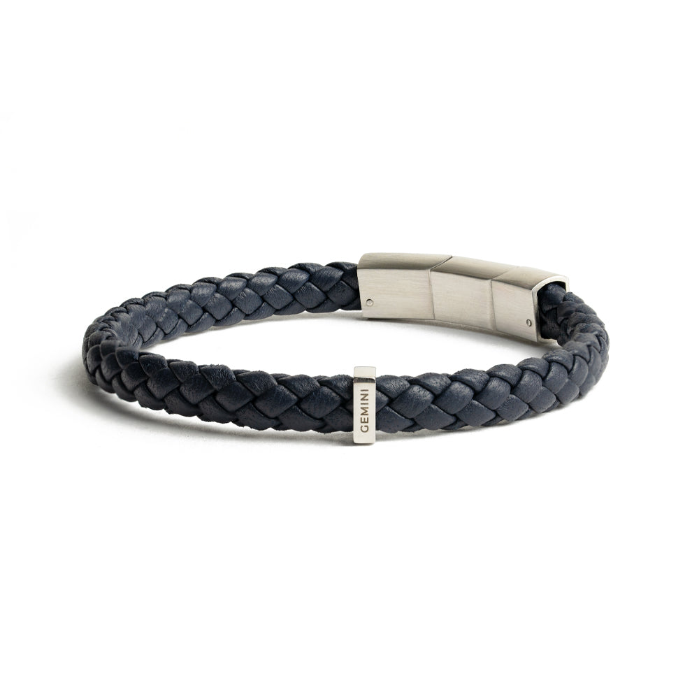 GEMINI Una Single Dark Blue Italian nappa leather bracelet with silverplated finish