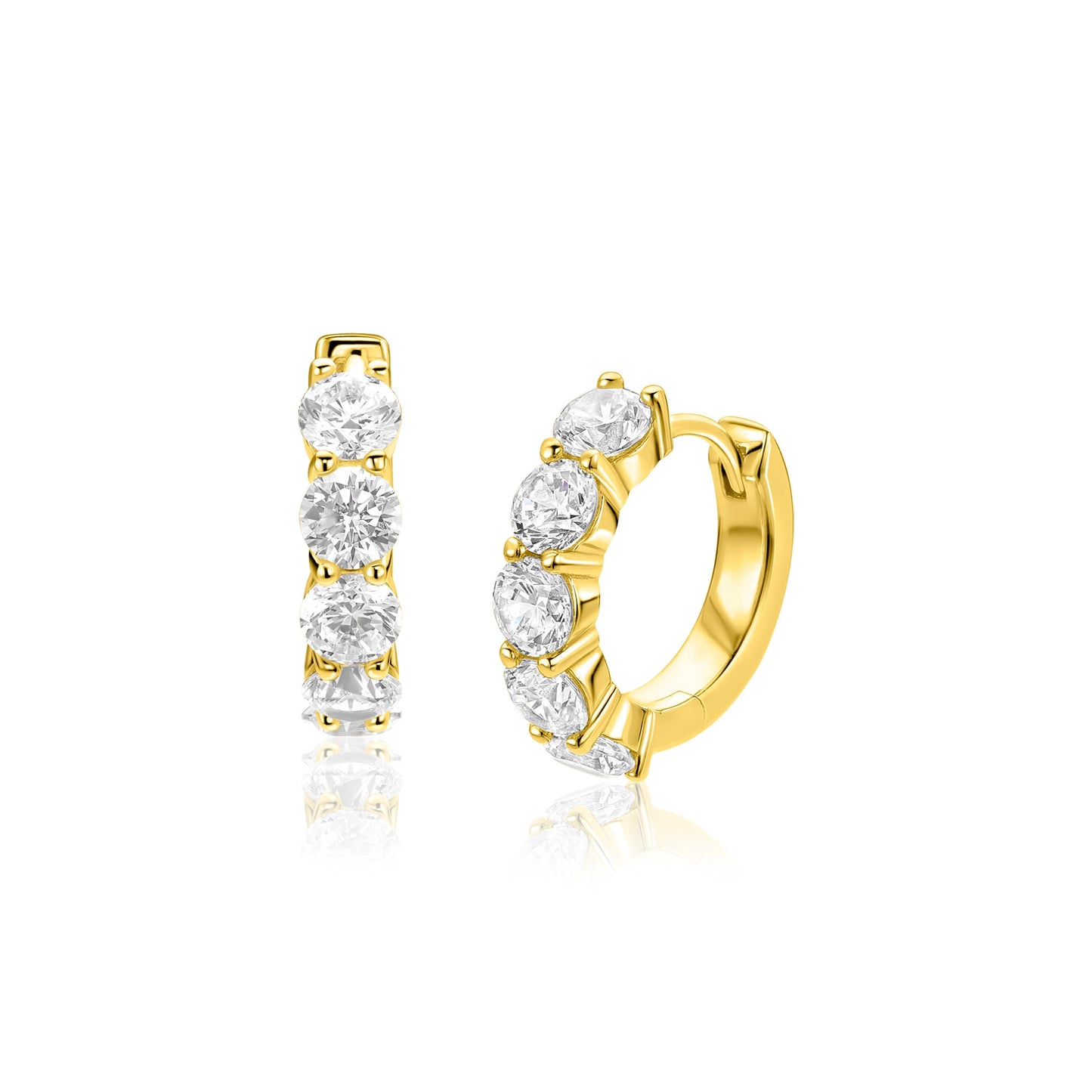 16mm ZINZI goldplated zilveren tennis oorringen bezet met vijf ronde witte zirkonia's, 4mm buisdikte en luxe klapsluiting