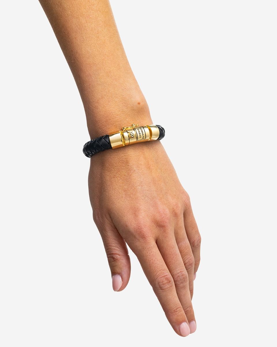 BUDDHA TO BUDDHA BEN ARMBAND LEER VERGULD ZWART