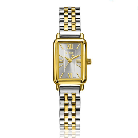 ZINZI Horloge Small Elegance bicolor zilverkleurige sunray wijzerplaat en rechthoekige kast stalen bicolor schakelband 22mm extra dun