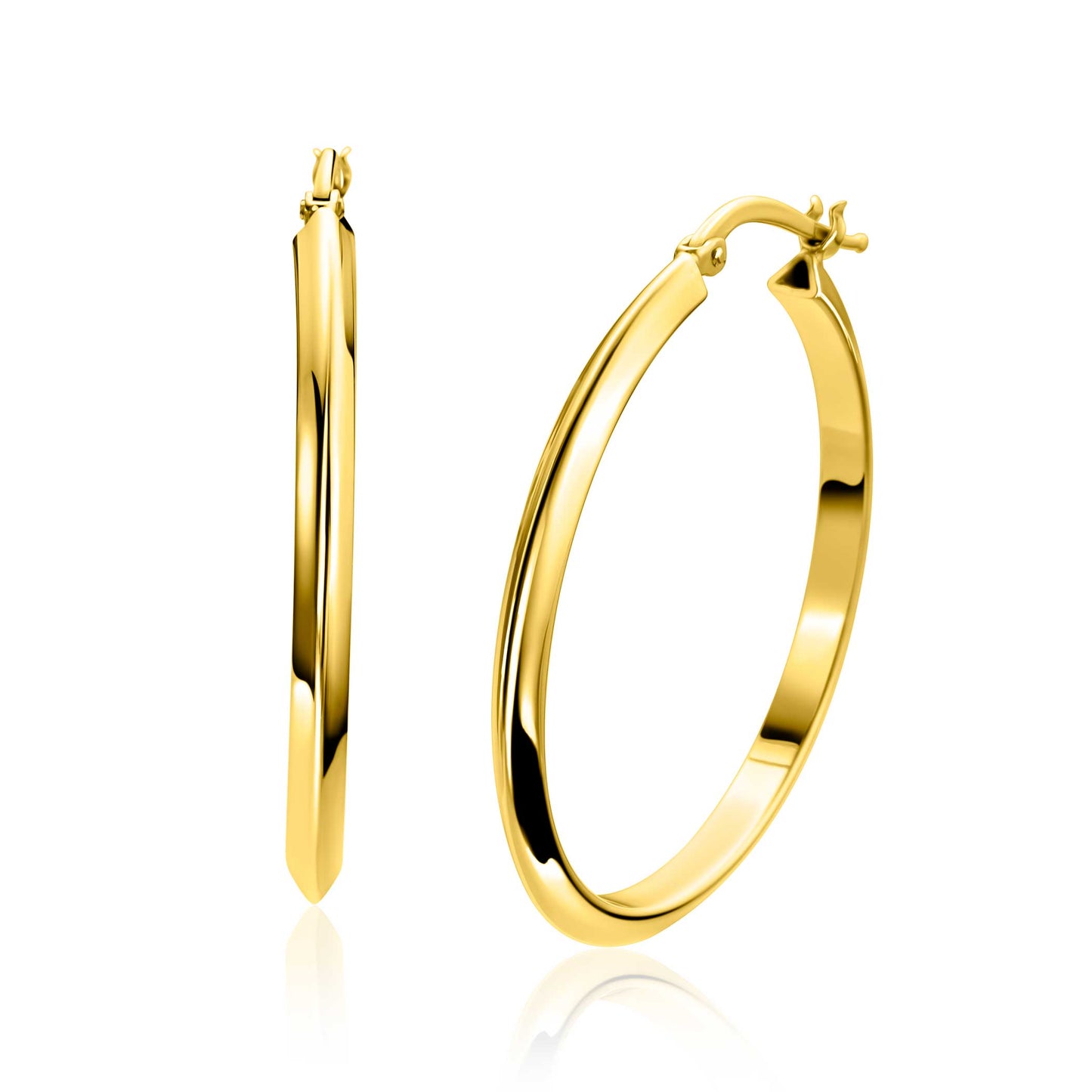 35mm ZINZI gold plated zilveren oorringen met gladde buis 3mm breed en handige bovensluiting