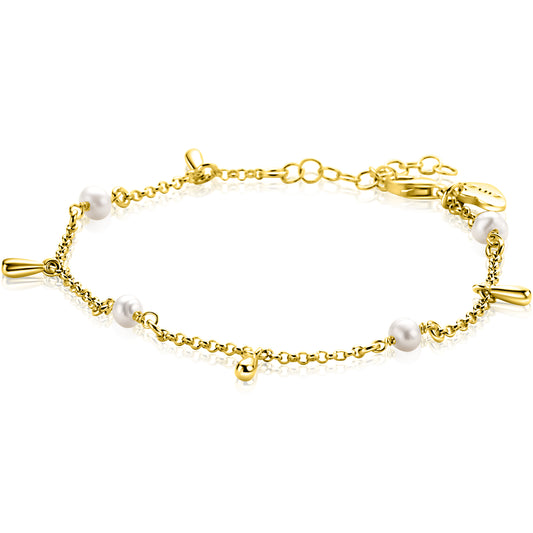 ZINZI gold plated zilveren armband met witte zoetwaterparels en druppeltjes
