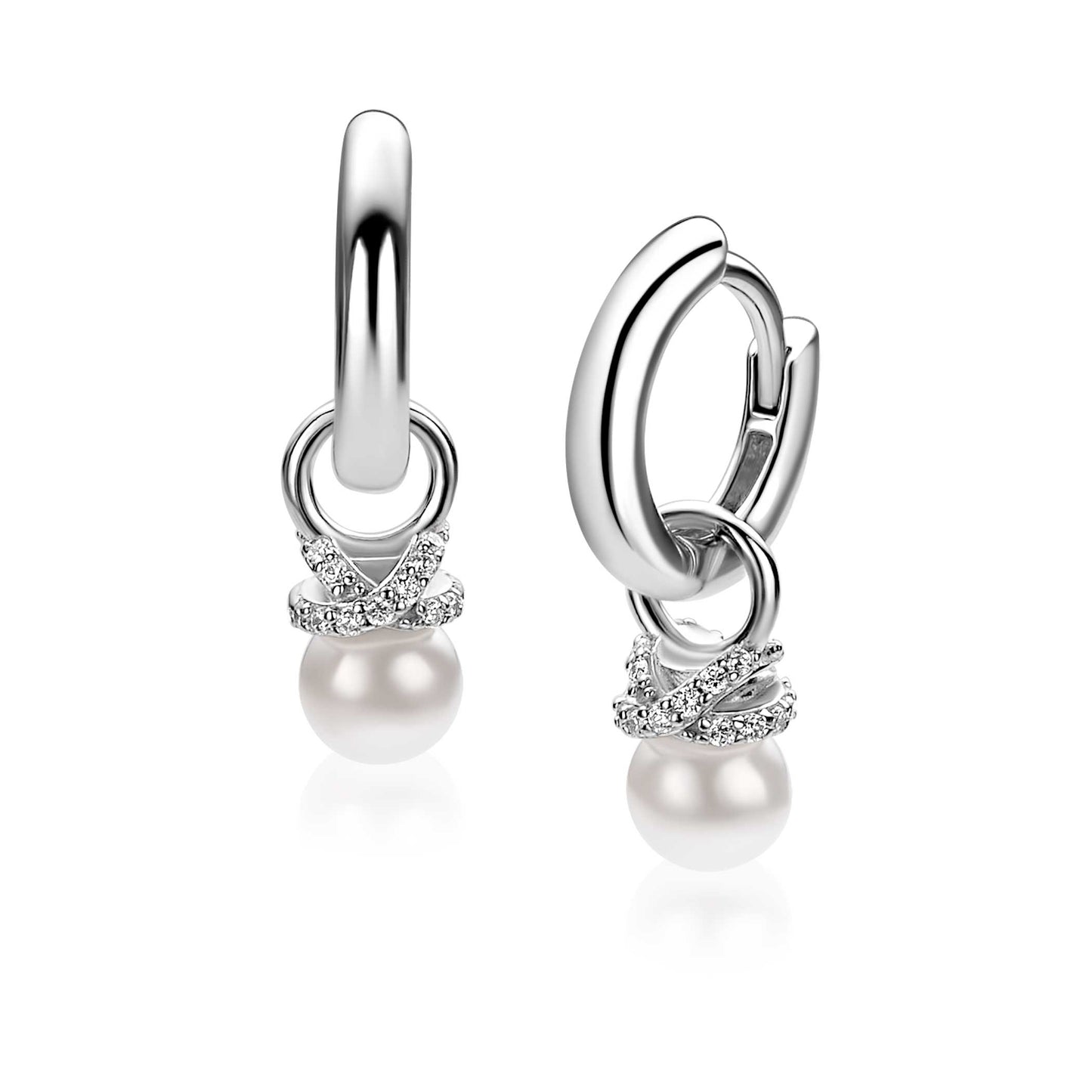 8mm ZINZI zilveren oorbedels met een witte parel en een strikvormige zetting bezet met witte zirkonia’s