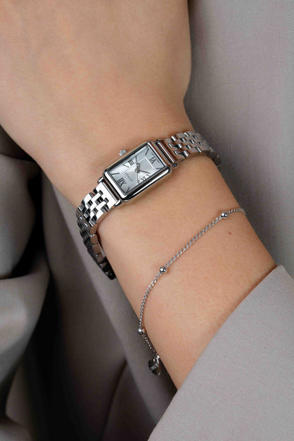 ZINZI Horloge Elegance zilverkleurige sunray wijzerplaat en rechthoekige kast stalen schakelband 22mm extra dun