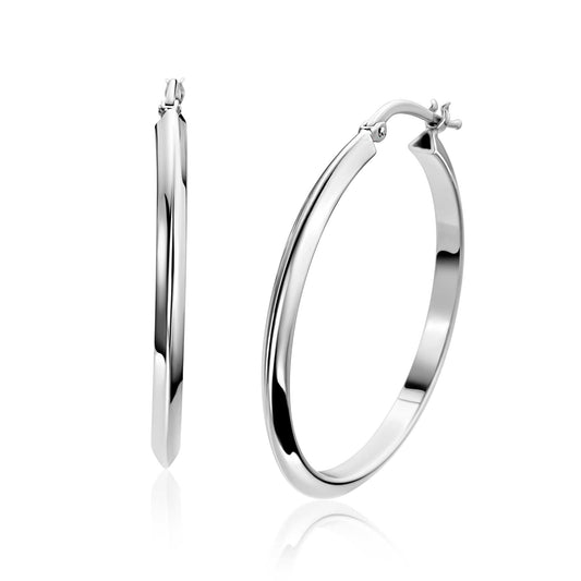 35mm ZINZI zilveren oorringen met gladde buis 3mm breed en handige bovensluiting