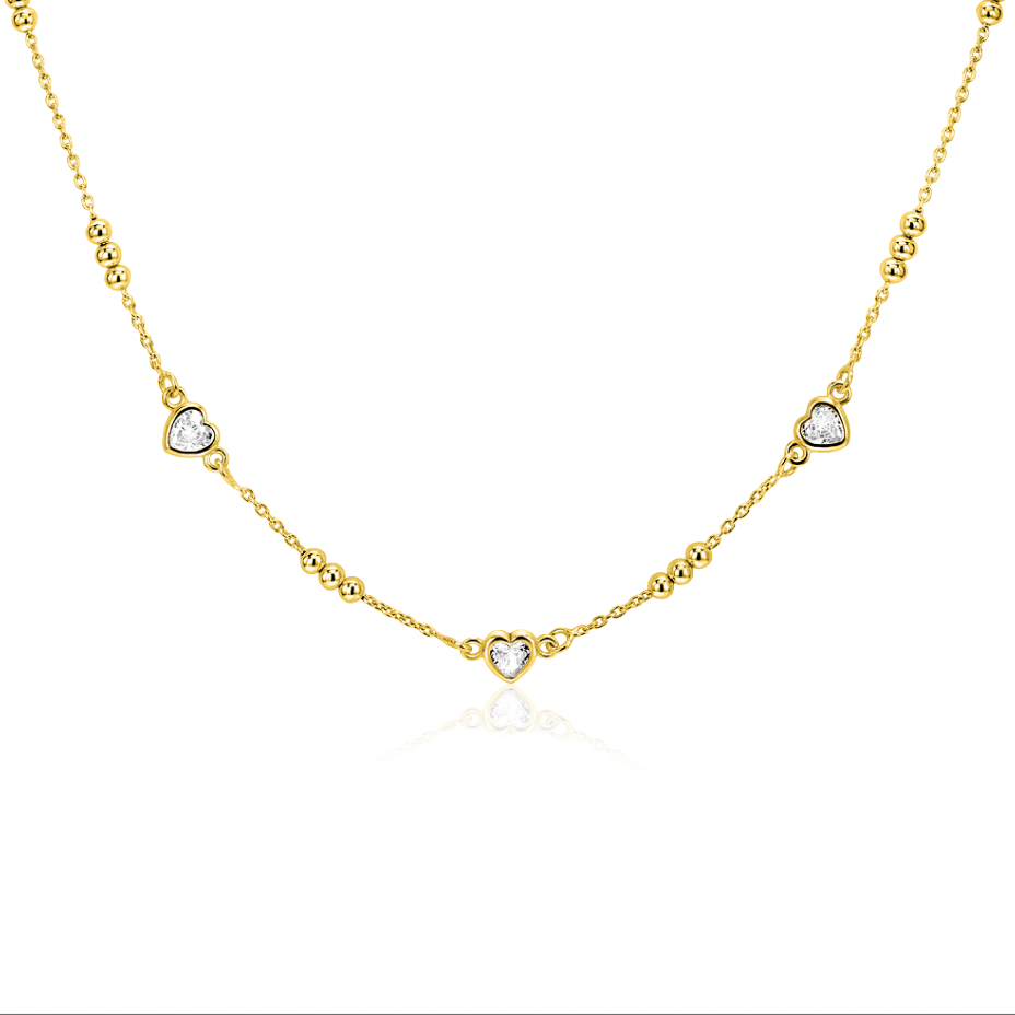 ZINZI gold plated zilveren schakelketting met trio-bolletjes en drie hartvormige witte zirkonia's 40-45cm