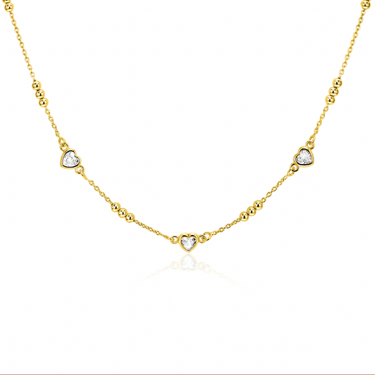 ZINZI gold plated zilveren schakelketting met trio-bolletjes en drie hartvormige witte zirkonia's 40-45cm