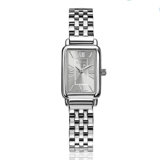 ZINZI Horloge Elegance zilverkleurige sunray wijzerplaat en rechthoekige kast stalen schakelband 22mm extra dun