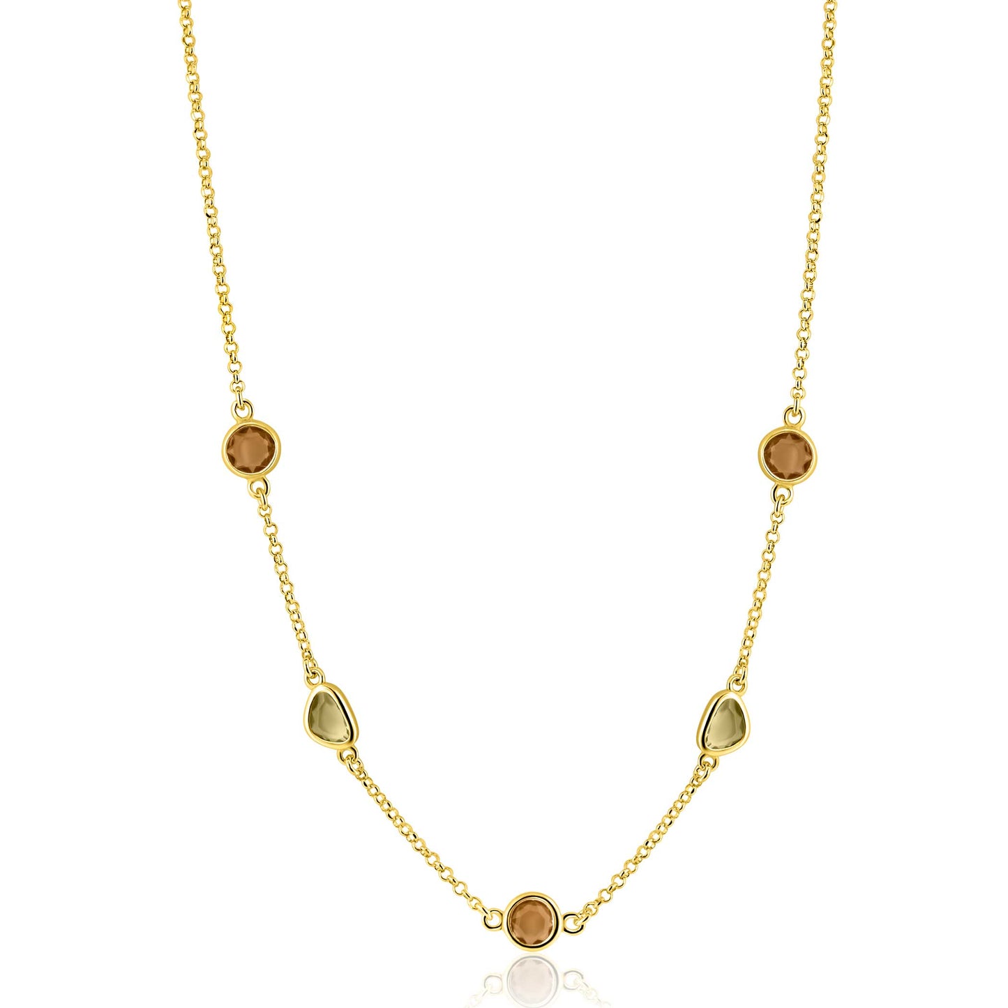 ZINZI gold plated zilveren collier 45cm met speelse vormen, bezet met bruine en olijfgroene kleurstenen