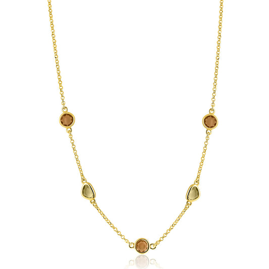 ZINZI gold plated zilveren collier 45cm met speelse vormen, bezet met bruine en olijfgroene kleurstenen