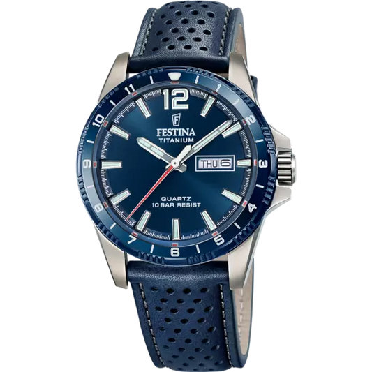 FESTINA HEREN BLAUW ZILVER TITANIUM LEER HORLOGE ARMBAND F20699/2