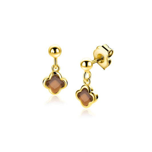 16mm ZINZI goldplated zilveren oorstekers met bruine klavers 8mm
