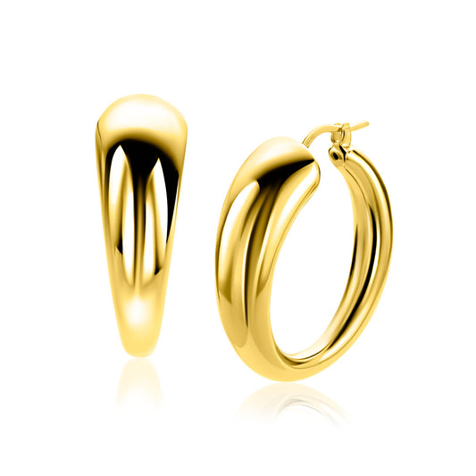 32mm ZINZI goldplated zilveren oorringen met een bolle aflopende vorm en handige bovensluiting