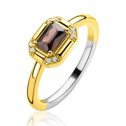 ZINZI goldplated zilveren ring met achthoekige zetting en bruine kleursteen
