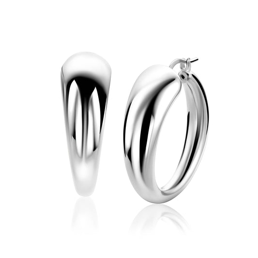 32mm ZINZI zilveren oorringen met een bolle aflopende vorm en handige bovensluiting