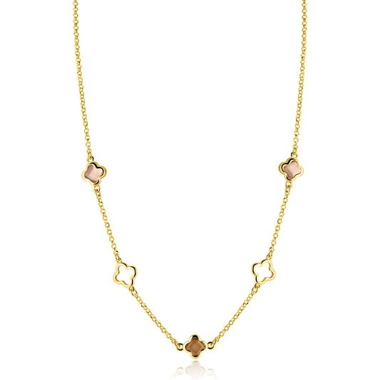 ZINZI gold plated zilveren collier 45cm met drie klavervormige zettingen met bruine kleurstenen