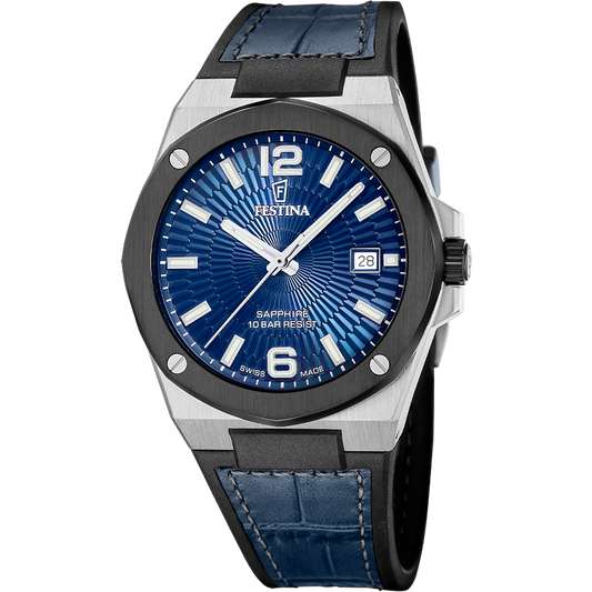 FESTINA HEREN HORLOGE SWISS MADE BLAUW LEREN VALEE F22001/2