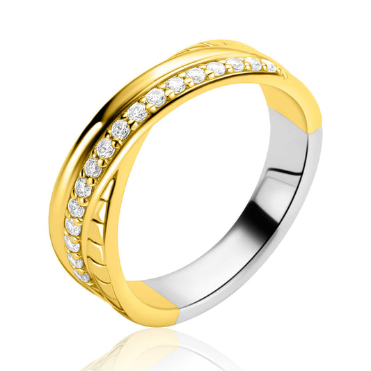 ZINZI goldplated zilveren brede cross-over ring glad witte zirkonia's