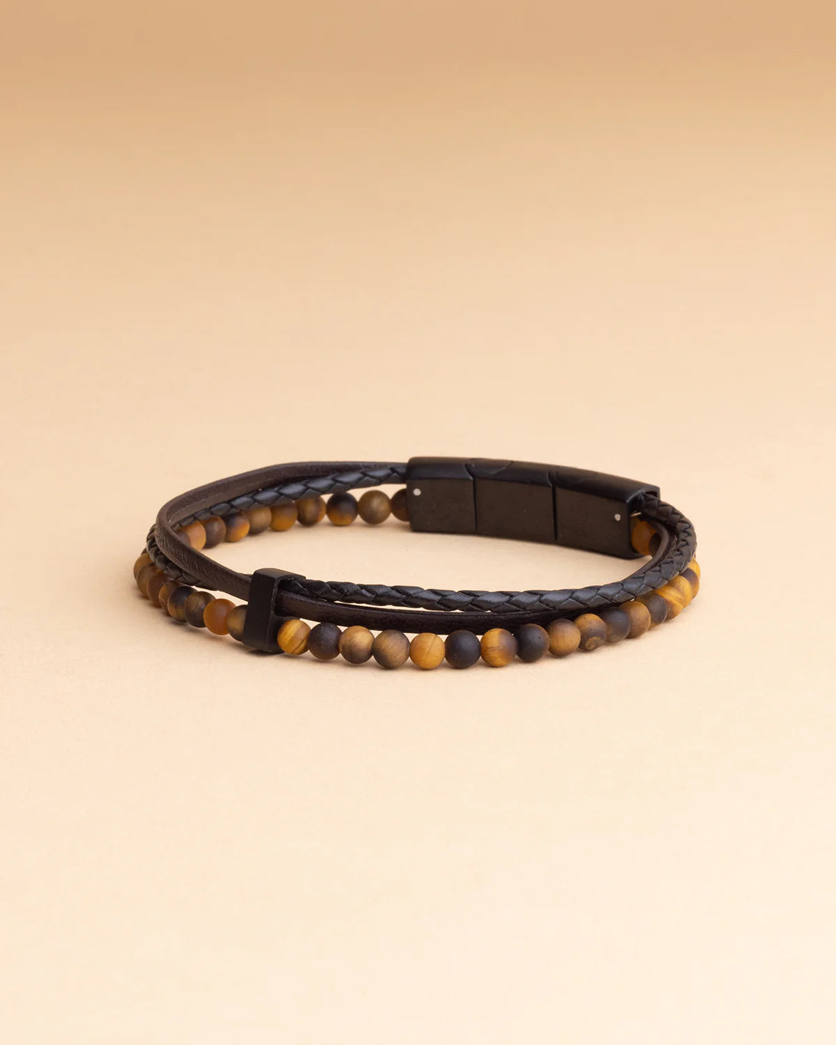 GEMINI Terra Black Triple bracelet with Italian leather and matte tiger eye stone