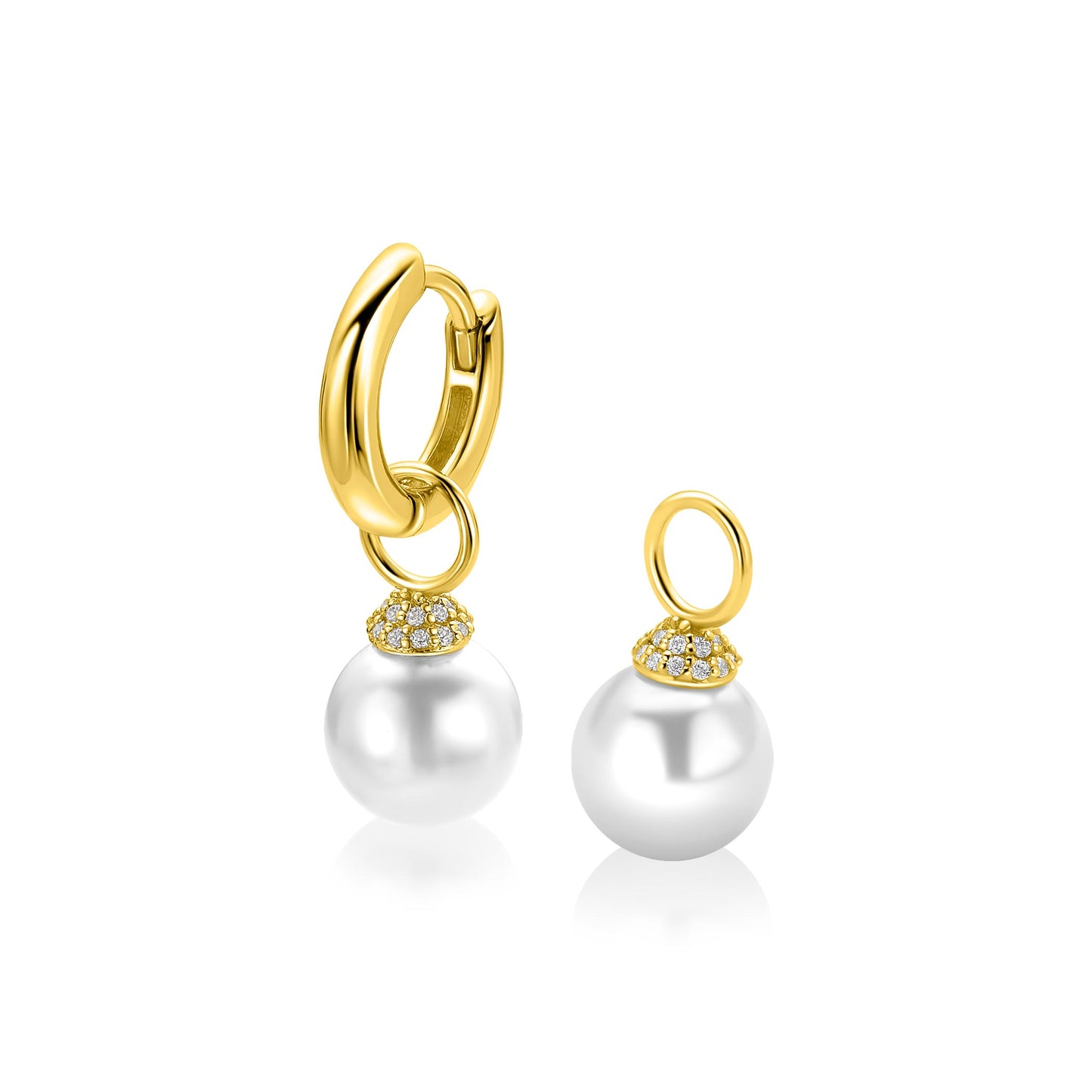 8mm ZINZI goldplated zilveren oorbedels met ronde witte parel en pavé gezette top met witte zirkonia’s (zonder oorringen)