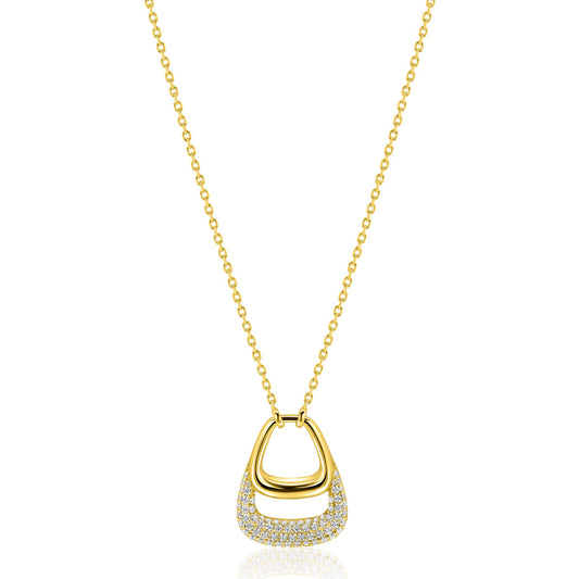 ZINZI goldplated zilveren ketting 45cm met stijlvolle dubbele hanger, bezet met witte zirconia's