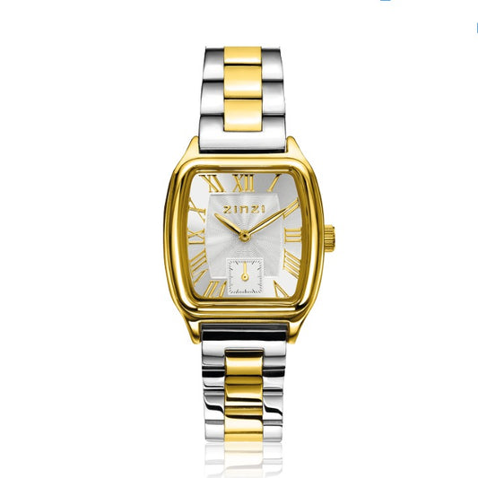 ZINZI Horloge  zilveren sunray wijzerplaat en vintage kast stalen bicolor schakelband 26mm extra dun