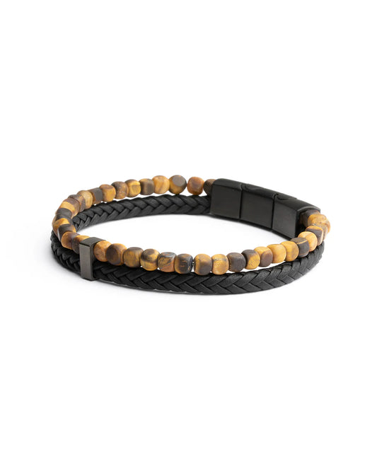 GEMINi DUBBELEN ARMBAND MET NAPA LEDER EN TIJGEROOG STENEN